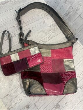 Coach Patchwork Pink and Silver Shoulder Bag with Wristlet